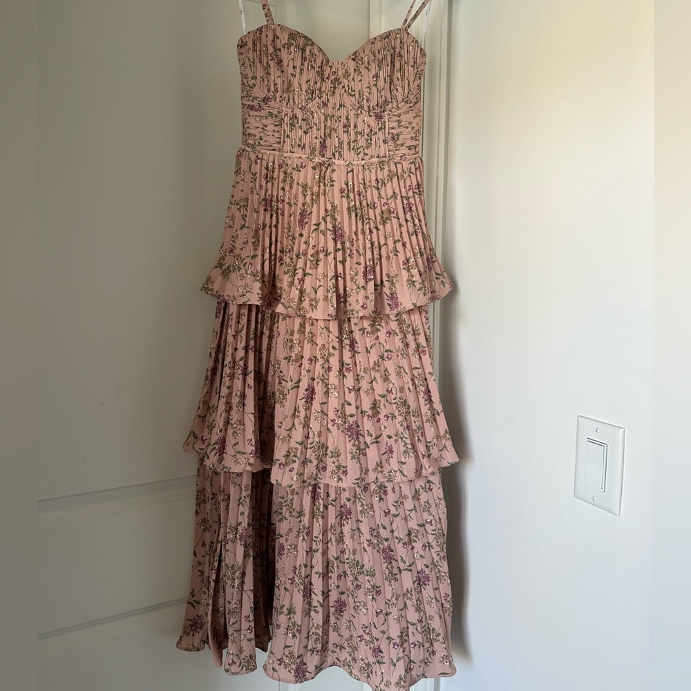 Lulus Cascading Crush Pink Floral Print Tiered Bustier Midi Dress